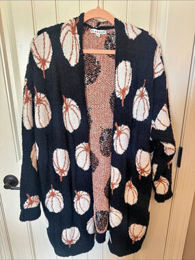 Blakely Pumpkin Print Teddy Cardigan in Black & Cream PS Like New